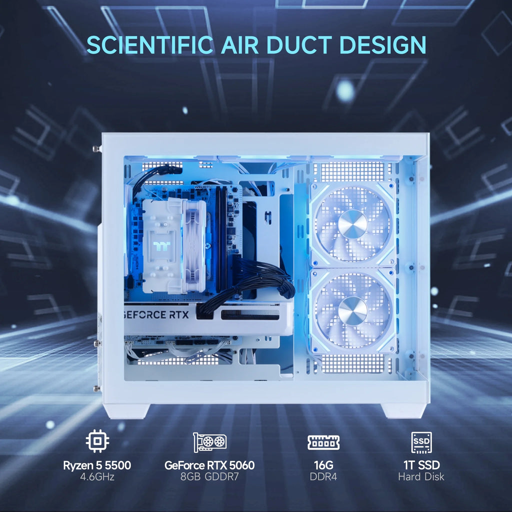 Gaming PC Desktop AMD Ryzen 5 5500 Geforce RTX 5060 1TB SSD 16GB RAM 650W Win11 WIFI White