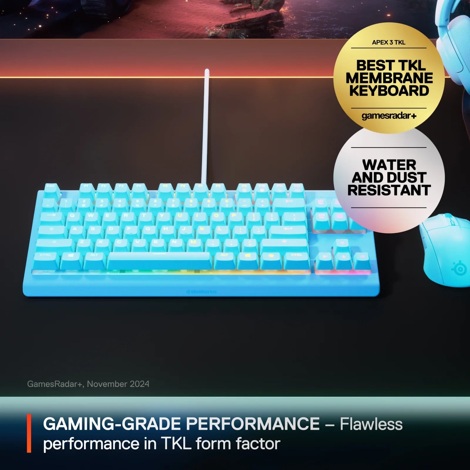 Apex 3 TKL Aqua RGB Gaming Keyboard — Tenkeyless Compact Form Factor — 8-Zone RGB Illumination — Water and Dust Resistant — Whisper-Quiet Gaming Switch