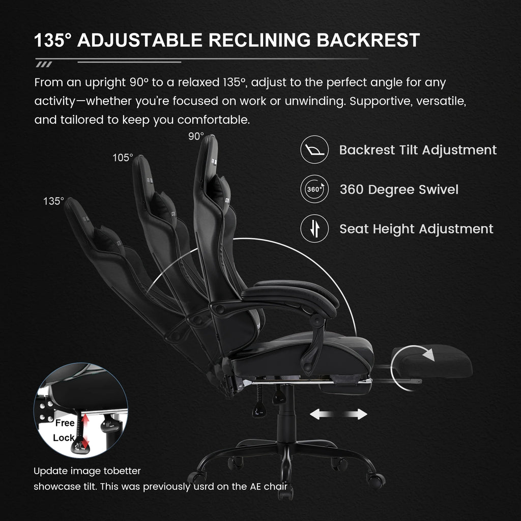 Ergonomic GTWD-200 Gaming and Office Chair with Adjustable Pillows and Footrest, Black