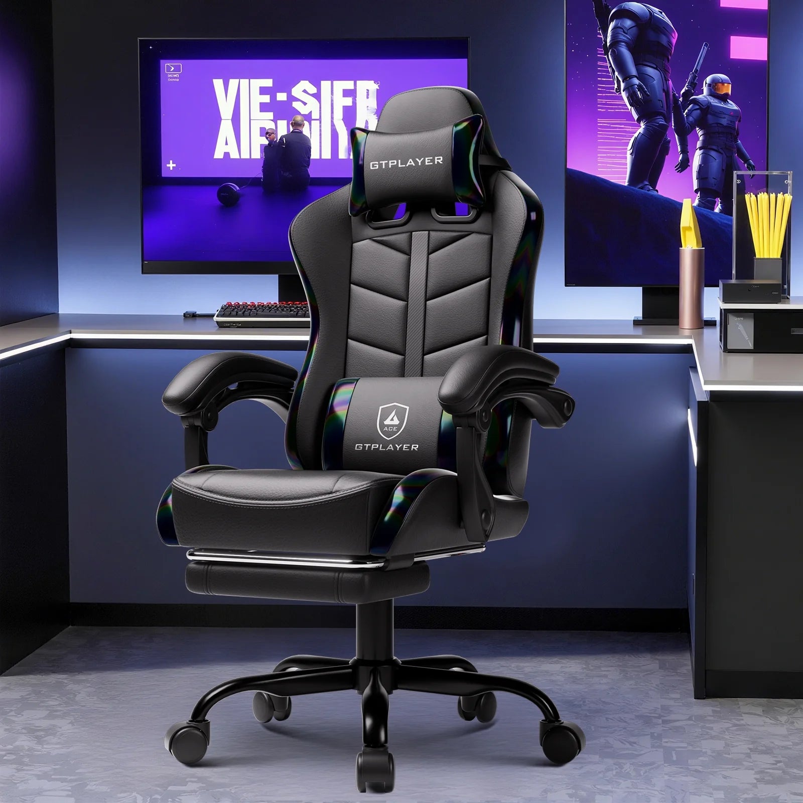 Ergonomic Gaming Chair with Footrest, Computer Gaming Chair for Adults,Colorful Black