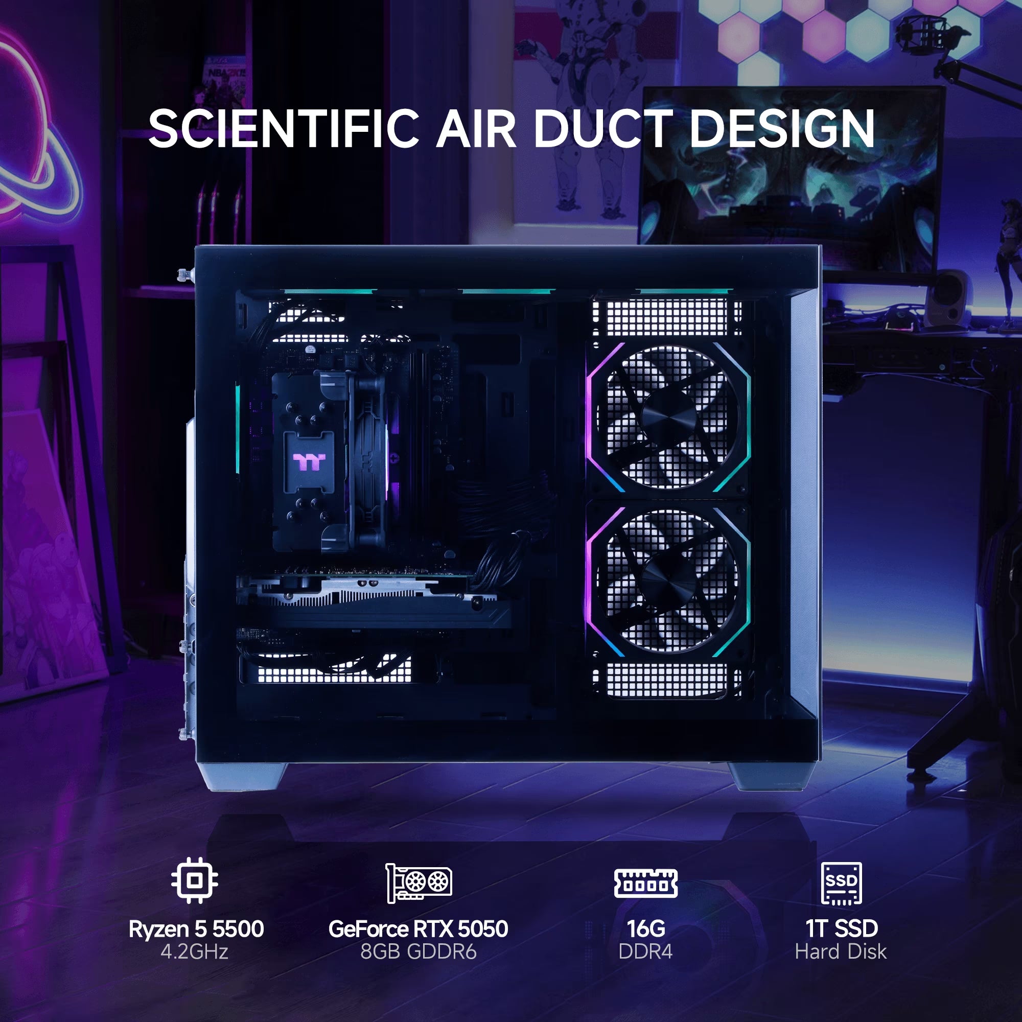 Gaming PC AMD Ryzen 5 5500 NVIDIA Geforce RTX 5050 16GB RAM 1TB SSD 650W Win11 WIFI Desktop Black