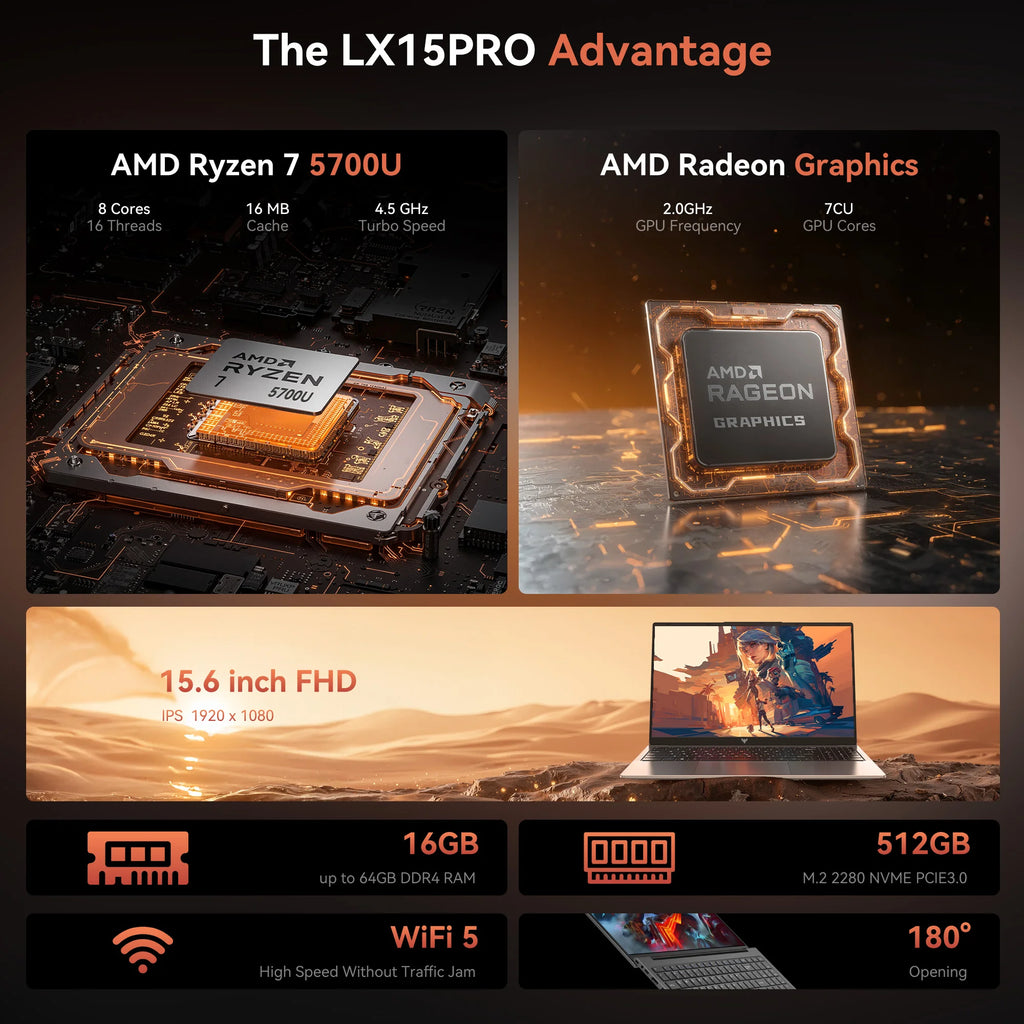 Laptop 15.6 FHD Gaming Laptop, AMD Ryzen 7 5700U, 16GB RAM, 512GB SSD, Windows 11 Pro, Graphite, Wifi 6, Backlit KB, Gray