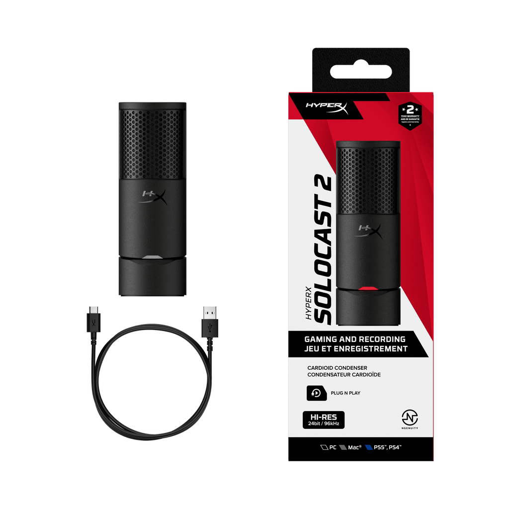 Solocast 2 – Gaming USB Condenser Mic for PC, USB-C to USB-A, Built-In Pop Filter, Internal Shock Mount, Plug and Play, 24-Bit / 96Khz, Compact Tiltable Stand - Black