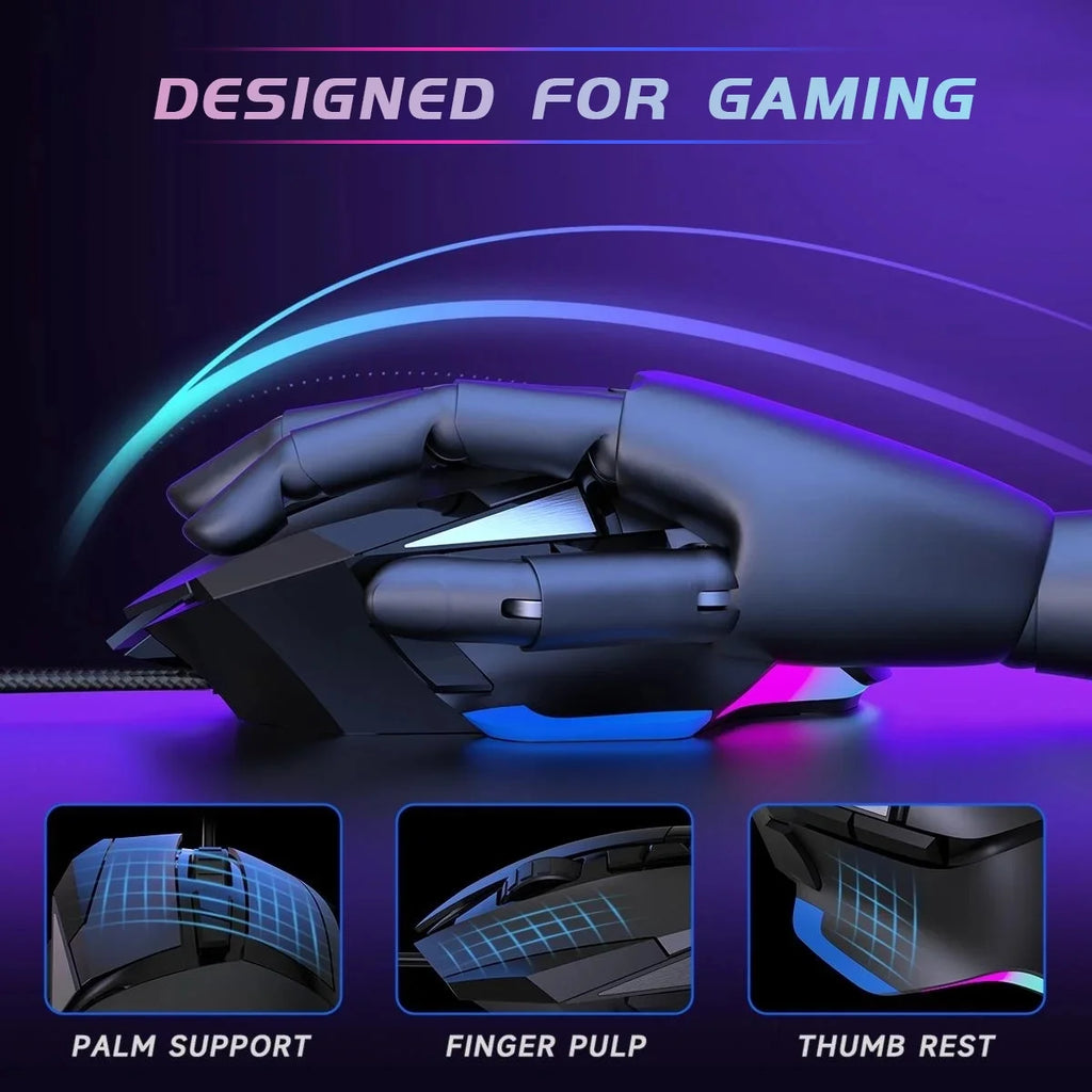Wired Gaming Mouse, 16000 DPI Optical Sensor & 8 Programmable Buttons, Ergonomic RGB Computer Mouse with Lightweight Design for PC / Mac, Black