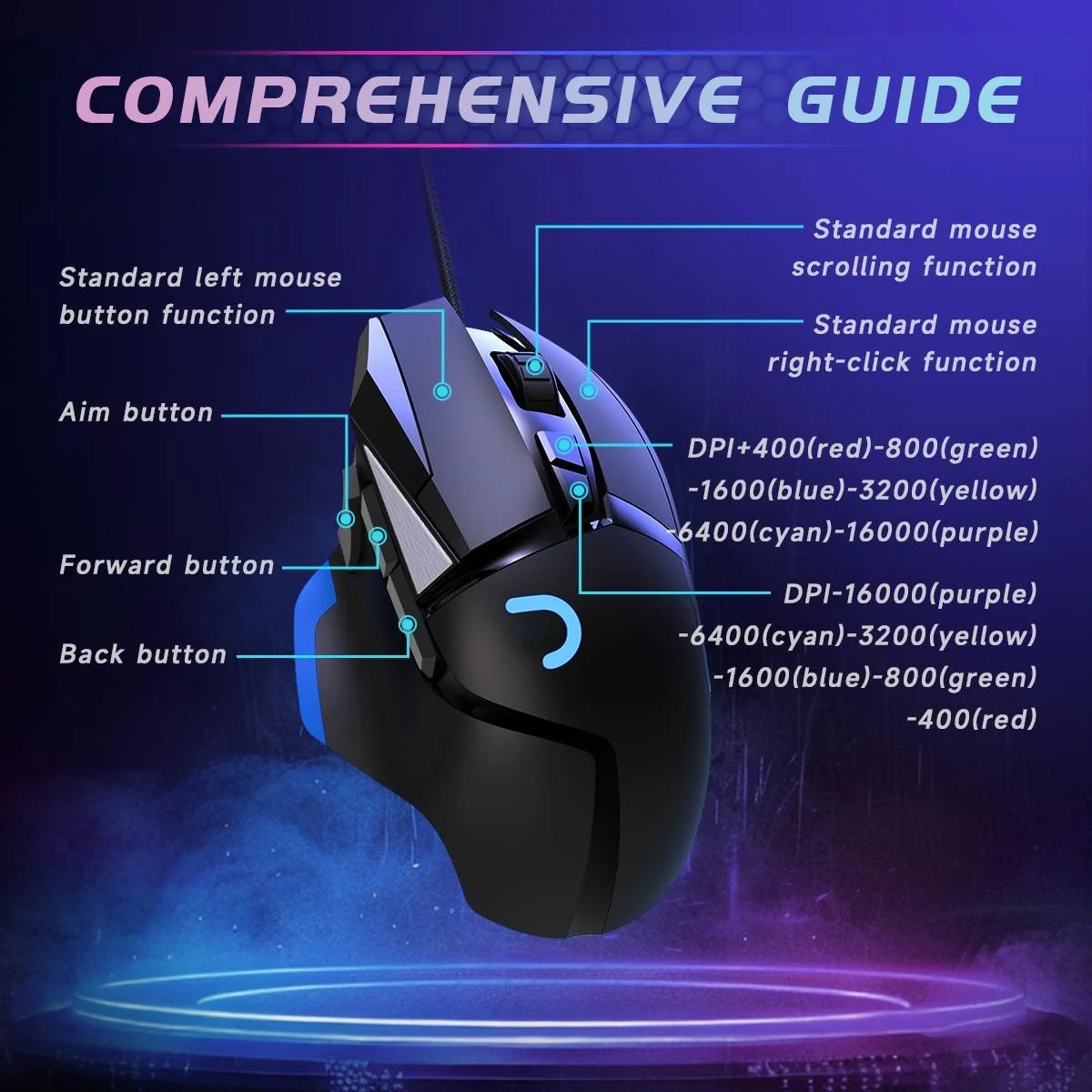 Wired Gaming Mouse, 16000 DPI Optical Sensor & 8 Programmable Buttons, Ergonomic RGB Computer Mouse with Lightweight Design for PC / Mac, Black