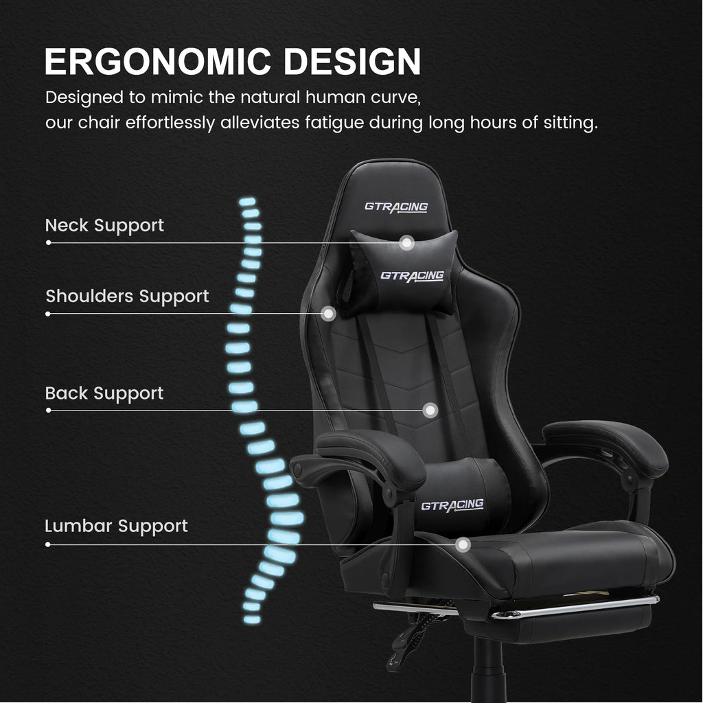 Ergonomic GTWD-200 Gaming and Office Chair with Adjustable Pillows and Footrest, Black