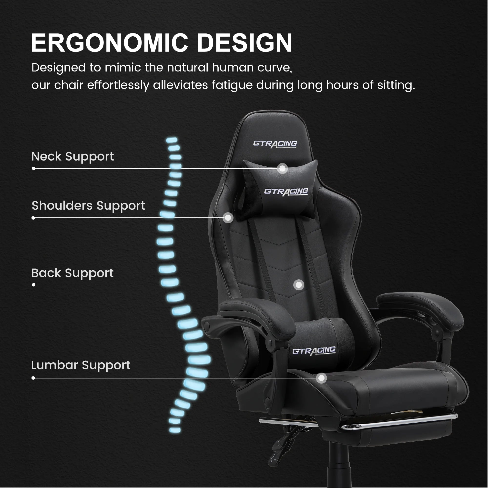 Ergonomic GTWD-200 Gaming and Office Chair with Adjustable Pillows and Footrest, Black