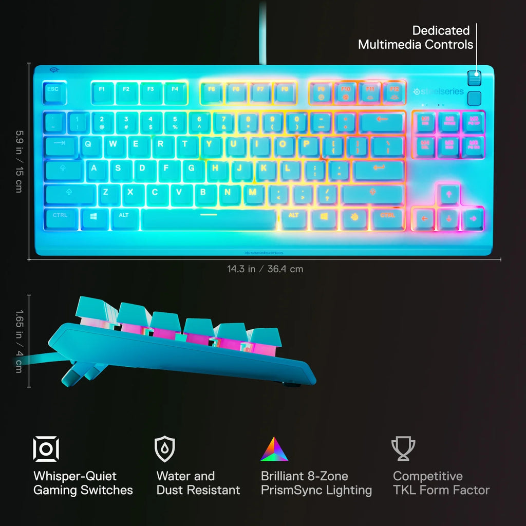 Apex 3 TKL Aqua RGB Gaming Keyboard — Tenkeyless Compact Form Factor — 8-Zone RGB Illumination — Water and Dust Resistant — Whisper-Quiet Gaming Switch