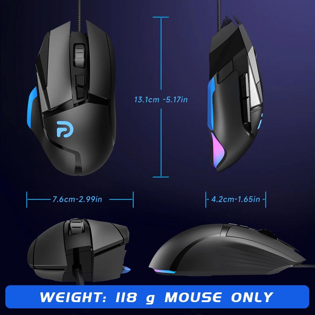 Wired Gaming Mouse, 16000 DPI Optical Sensor & 8 Programmable Buttons, Ergonomic RGB Computer Mouse with Lightweight Design for PC / Mac, Black