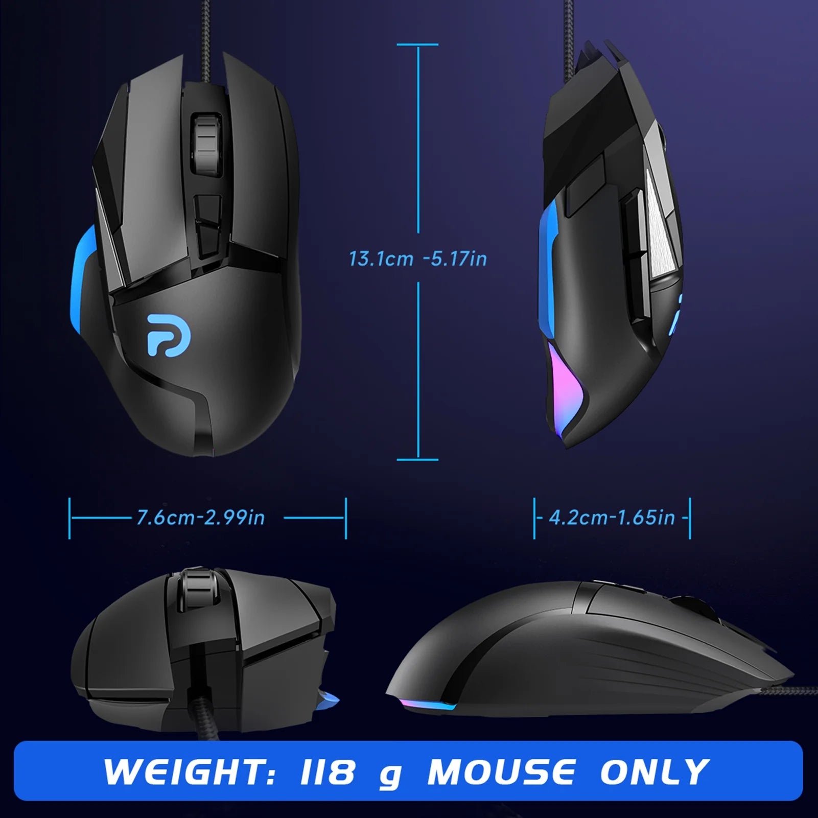Wired Gaming Mouse, 16000 DPI Optical Sensor & 8 Programmable Buttons, Ergonomic RGB Computer Mouse with Lightweight Design for PC / Mac, Black