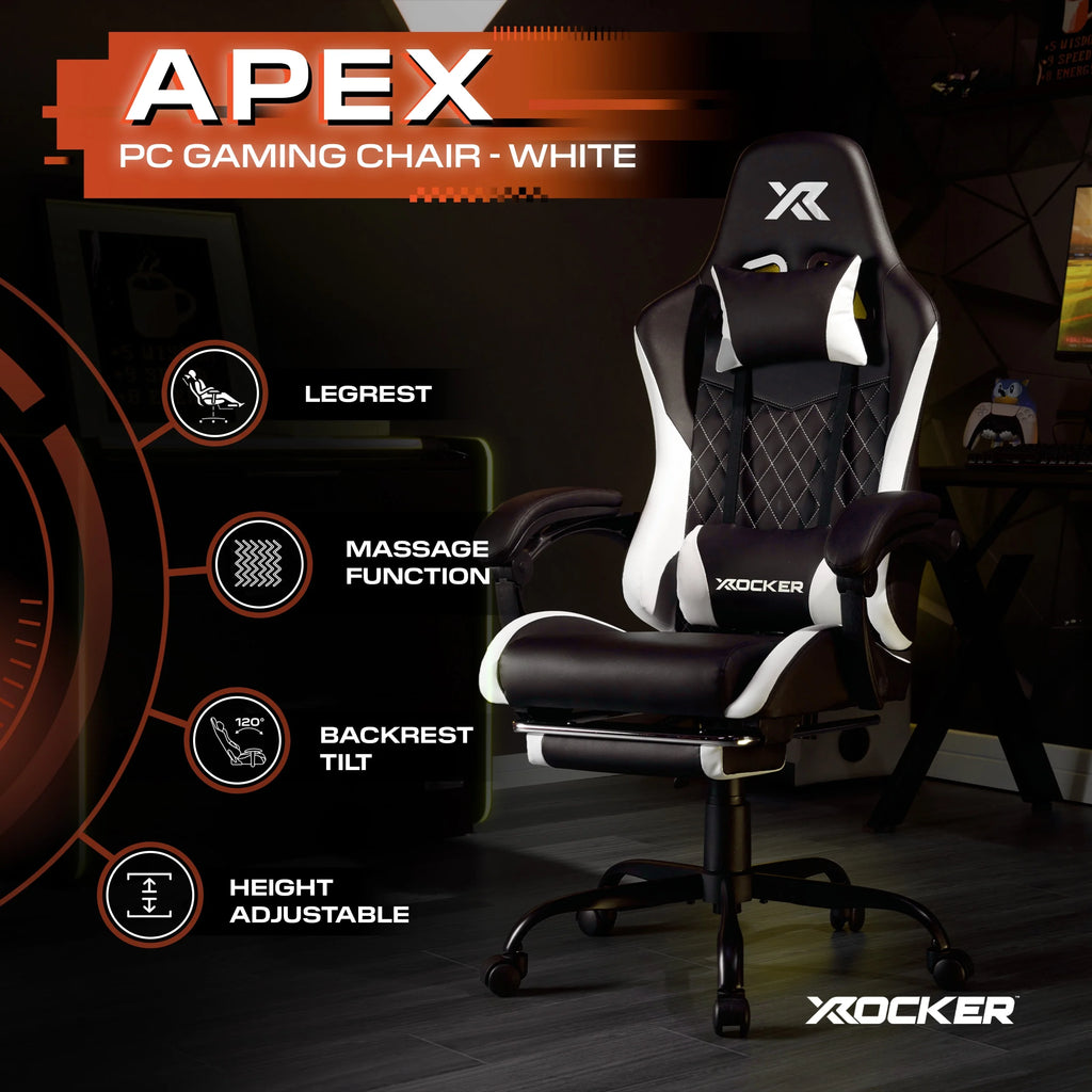 Apex PC Gaming Chair with Massage Function and Footrest, White