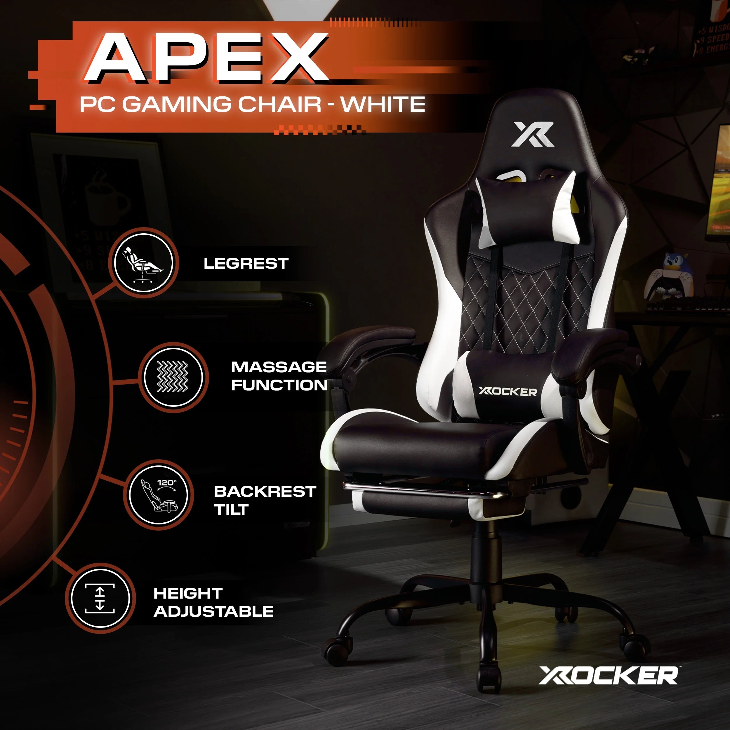 Apex PC Gaming Chair with Massage Function and Footrest, White