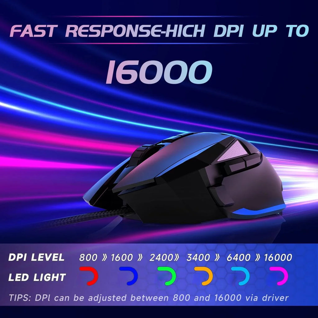 Wired Gaming Mouse, 16000 DPI Optical Sensor & 8 Programmable Buttons, Ergonomic RGB Computer Mouse with Lightweight Design for PC / Mac, Black