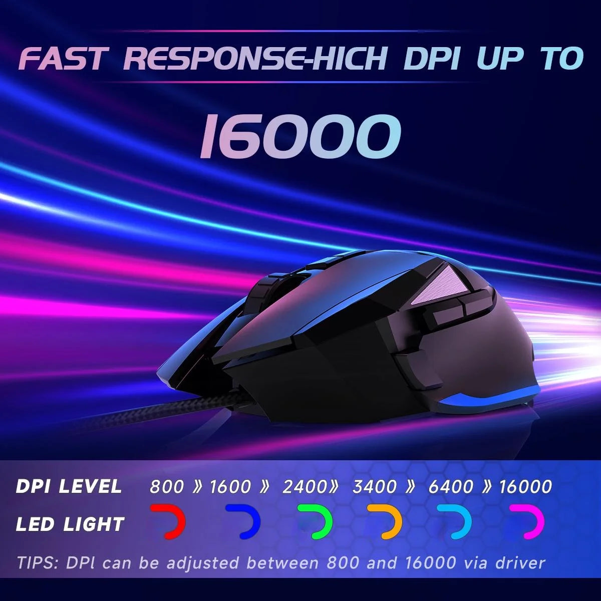 Wired Gaming Mouse, 16000 DPI Optical Sensor & 8 Programmable Buttons, Ergonomic RGB Computer Mouse with Lightweight Design for PC / Mac, Black